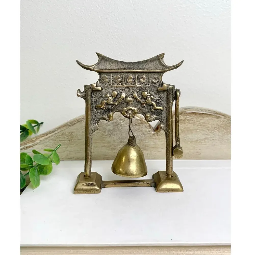 Vintage Lobeco Brass Pagoda Gong Miniature Bell With Striker Chinoiserie Decor